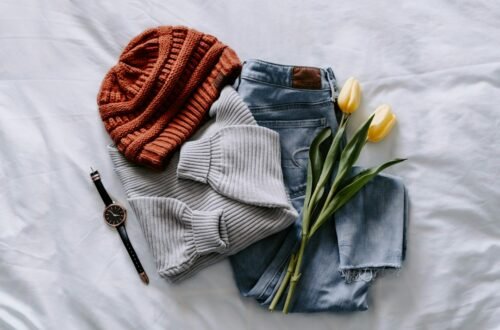 Autumn knitwear and casual clothing arranged for seasonal styling inspiration